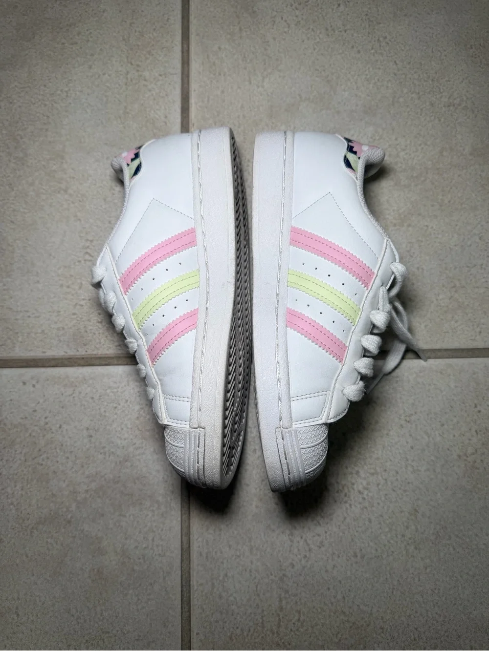 adidas superstar “White Floral” Sneakers with Pink and Light Green Stripes